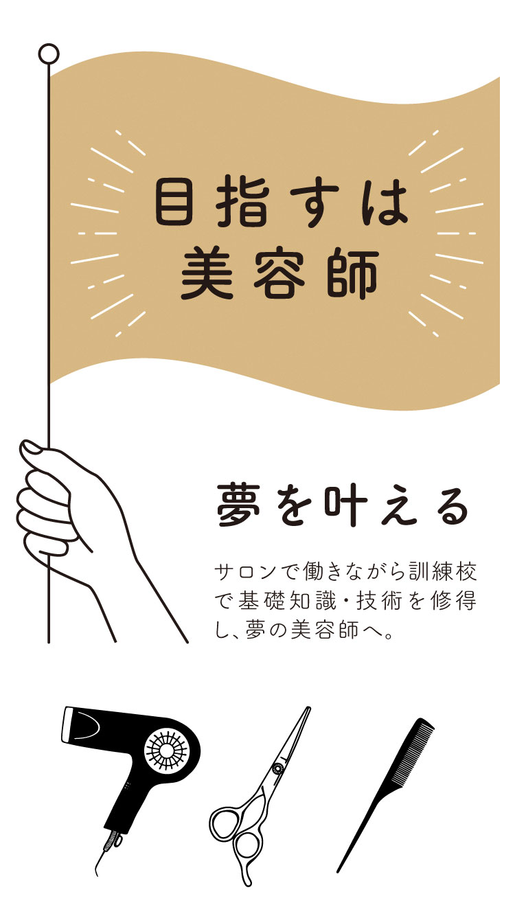 《目指すは「美容師」》

夢を叶える！
サロンで働きながら訓練校で基礎知識・技術を修得し、夢の美容師へ！